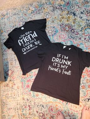 Two Pack Of Port Company Black Graphic Tees - Funny Drink Quote Womens XL